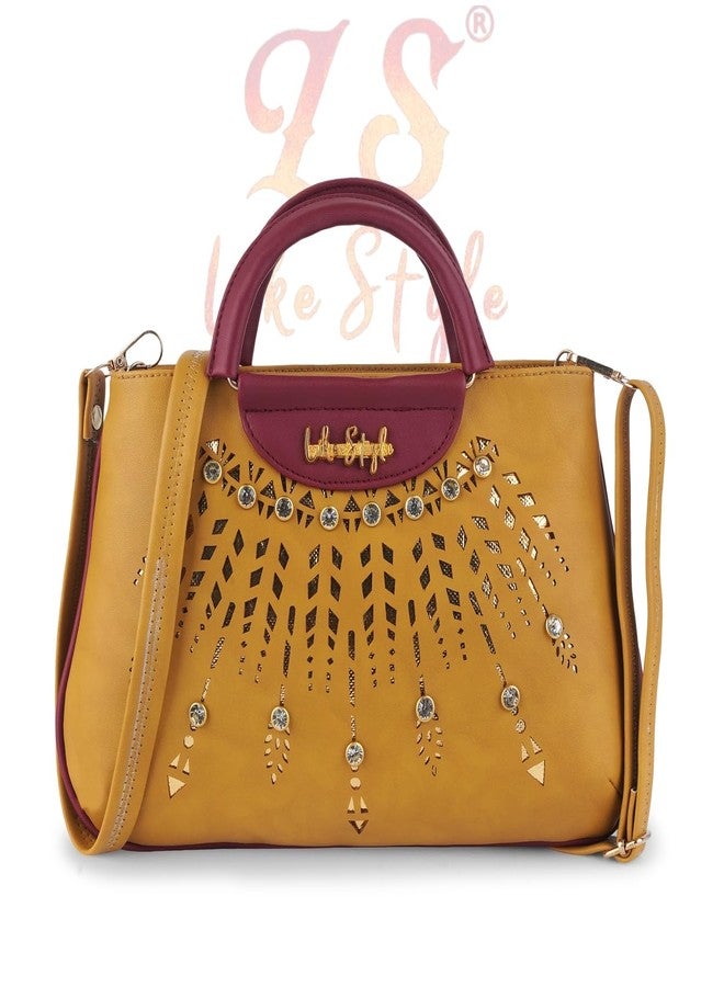LIKE STYLE Women's Top Handle Bag with Detachable Strap Cutwork Sling Bag for Women (BEIGE) - Image 1